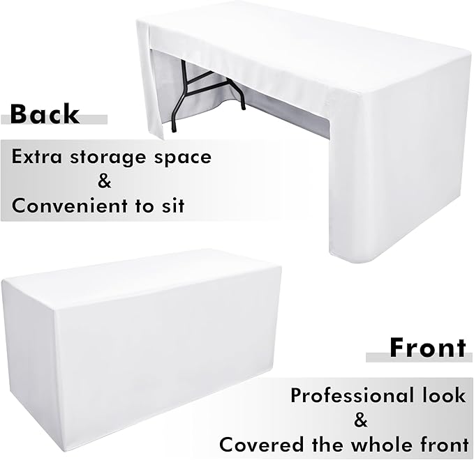 Nasitos 4 Pack White Fitted Table Covers for 4 Foot Rectangular Tables-Open Back Tableclothes Washable and Wrinkle Resistant Table Cloth for Parties, Wedding, Jewelry Shows, Craft Fair, Trade Show