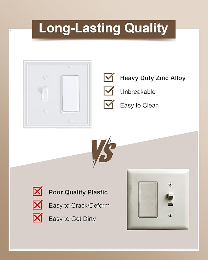 2-Pack Combo Toggle/Decorator Light Switch Cover Plate, Pure White Decorative Electrical Outlet Covers, Durable Solid Zinc Alloy Wall Switch Plates and Outlet Covers