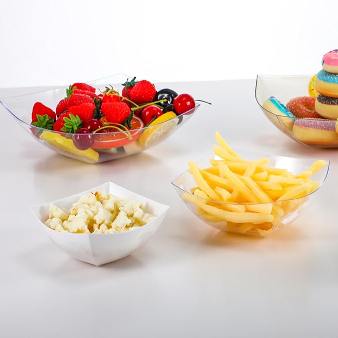 Tanlade 50 Pcs Square Plastic Serving Bowls Disposable Snack Salad Bowl Small Party Candy Bar Containers Taco Bar Serving Dishes for Buffet Chips Fruit(Clear,32 oz)