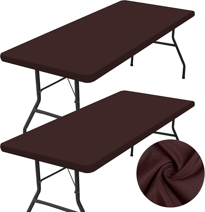 homing 2 Pack Rectangle Table Cloth, Elastic Fitted Fabric Tablecloth Fits for 6 Foot Folding Tables, Washable Table Cover for Picnic, Camping, Indoor & Outdoor (Coffee, 30" x 72")
