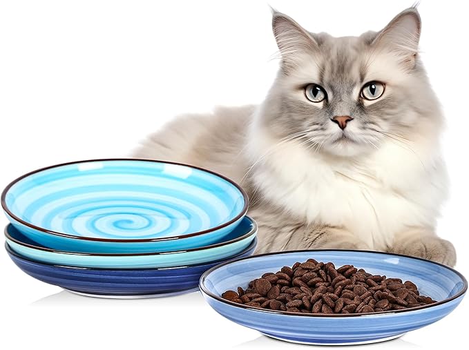 Selamica Ceramic Cat Bowls, 6 Inch Cat Food Bowl Whisker Friendly, Shallow Wide Kitten Plates for Food and Water, Set of 4, Gradient Blue