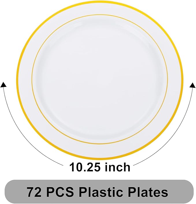 WELLIFE 72PCS Gold Plastic Plate, 10.25Inch Disposable Dinner Plate Party with Gold Rim, Heavy Duty Disposable Plastic Plates for Party, Wedding, Birthday