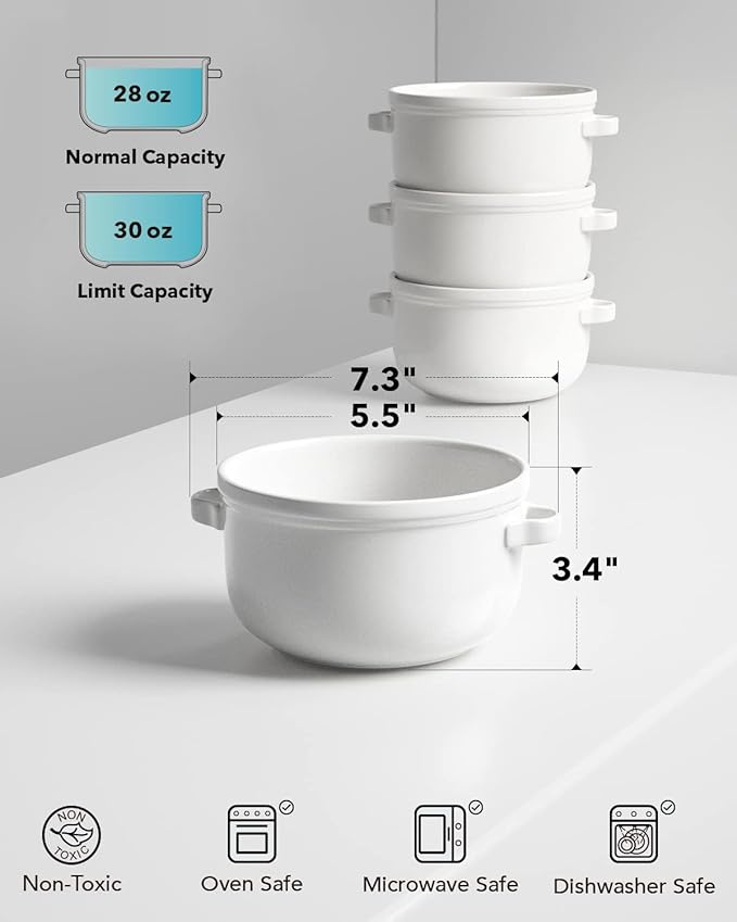 LE TAUCI Soup Bowls With Handles 28 oz, French Onion Soup Bowl for Chili, Beef Stew, Cereal, Ceramic Soup Crocks oven Safe, Microwave Dishwasher Safe - 5.5 inch, Set of 4, White