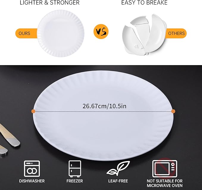 White Melamine Dinner Plates Set of 12, 10.5 Inch Lace Salad Serving Plates, Lightweight Plastic Round Plates, Elegant Appetizer Dessert Dishes for Wedding, Party, Restaurant, Kitchen