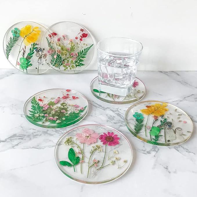 Floral Coasters for Drinks: Handmade Resin Coasters Tabletop Protection Cup Mat Round Coaster Set with Real Flower for Women Coffee Table Home Decor （Set of 6）