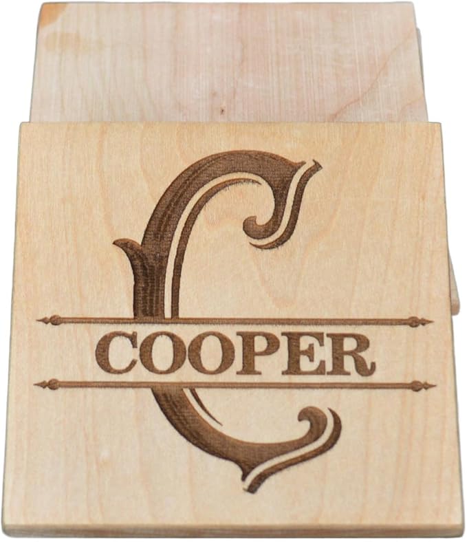Personalized Wooden Coasters with Monogram, Wedding Date Engraved, Family Name- Choice of Wood (Name Inside Initial)