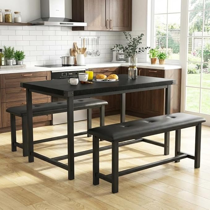 Garvee Dining Table with 2 Benches, Kitchen Table with 2 Upholstered Benches, 3 Piece Dining Table Set Space Saving for Apartment, Kitchen, 44.48" l x 27.58" w x 29.58" h, Black