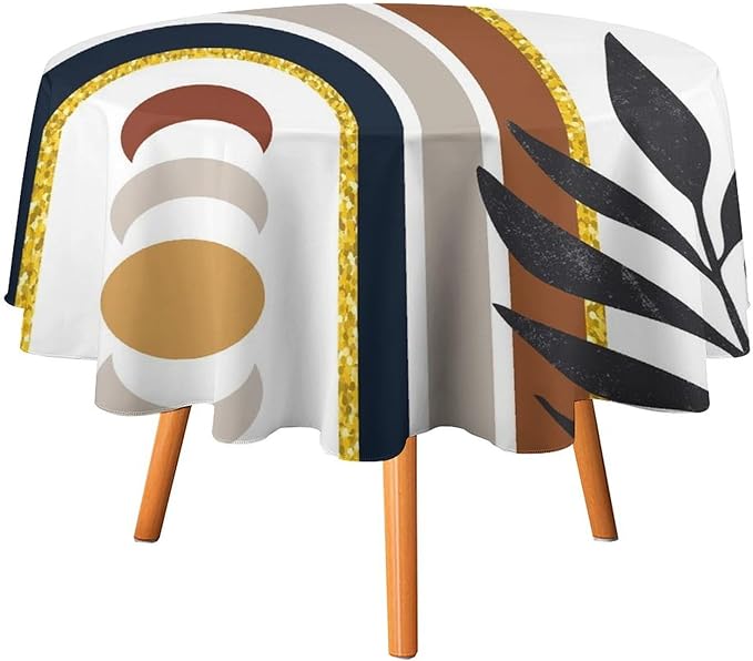 Mid Century Boho Round Tablecloth, Modern Abstract Sun Moon Bohemian Leaves Tablecloth for Home Party Dining Room Kitchen Decor 50Inch(127cm)