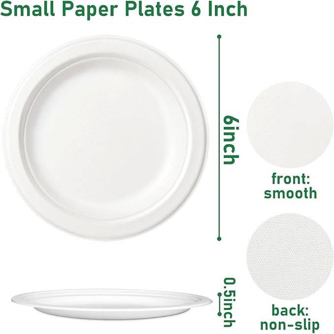 Small Plates Disposable, 6 Inch Paper Plates Bulk Heavy Duty, Compostable, White, 500 Count