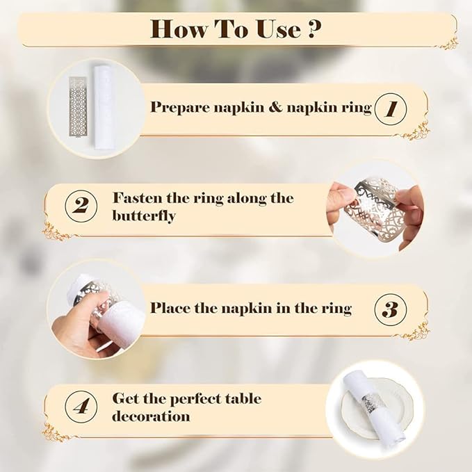 100 Pcs Napkin Rings Laser Cut Premium Paper Napkin Holder for Wedding Party Christmas Dinner Serviette Table Restaurant Celebration (Silver)