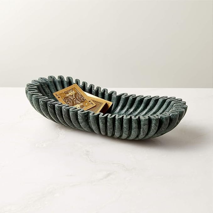 Handmade Oval Fluted Marble Bowl, Table Centerpiece Decorative Marble Bowl, Green Large Ruffle Bowls for Table Centerpiece