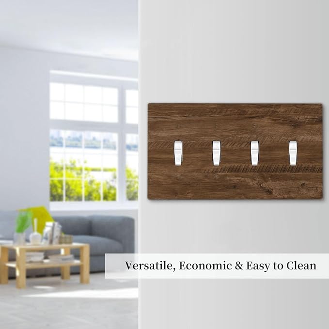 Light Switch Cover Brown Rustic Wood Grain Farmhouse 4 Gang Switch Plate Quad Toggle Wall Plates Decorative Switchplate Electrical Outlet Cover for Cabin Bedroom Decor