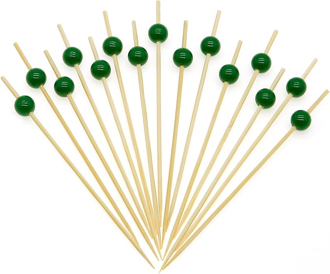 Minisland Dark Green Pearl Cocktail Picks, 4.7 Inch Long Bamboo Fancy Toothpicks for Appetizers, Decorative Christmas Holiday Party Food Drink Garnish Fruit Kabob Skewer Sticks 100 Counts - MSL452