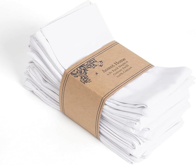 ACCENTHOME Cloth Napkins Set of 6 18x18 inch 100% Cotton Dinner Napkin Washable Hotel Quality Reusable Kitchen & Table Linen for Fall Thanksgiving Family Dinners Weddings & Everyday Use - White