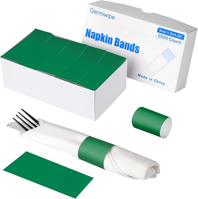 Germiwipe Napkin Bands Pack of 2,500, Napkin Rings Self Adhesive,Silverware Wraps Bands,Perfect for Christmas, Birthday Parties, Weddings, Family Reunion & Events (Huntre Green, 2500pcs)