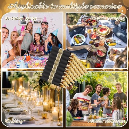 Supernal 30 Pack Pre Rolled Gold Plastic Silverware with Black Napkins - Image 7