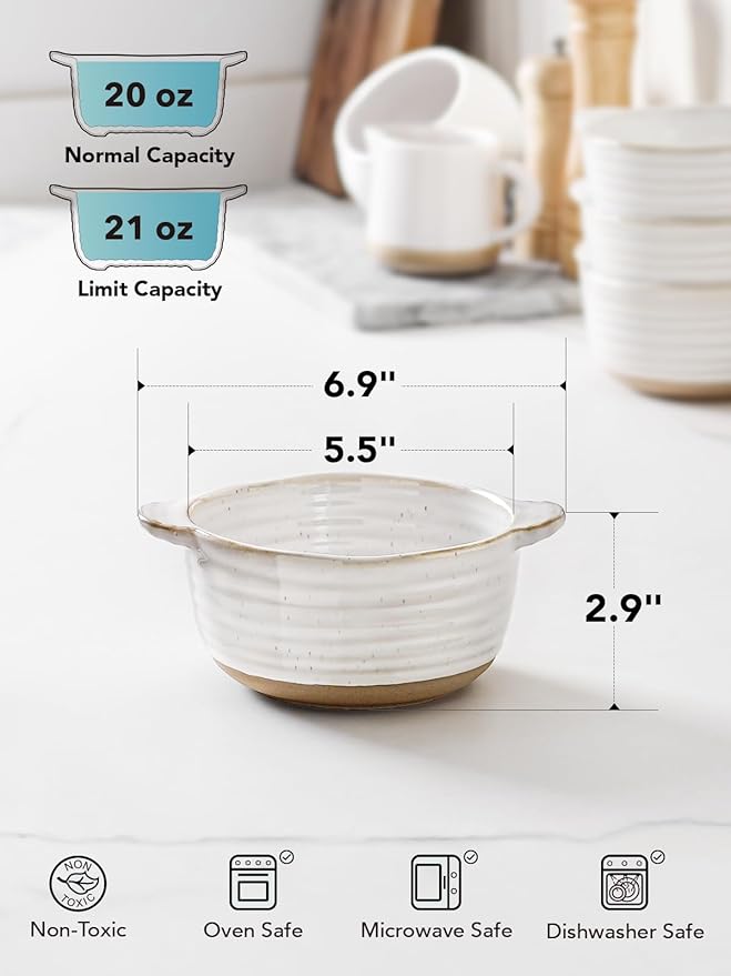 LE TAUCI Soup Bowls with Handles, 20 oz French Onion Soup Crocks, Soup Bowl Oven Safe for Chili, Beef Stew, Ceramic Bowl Set - 5.5 Inch, Set of 4, Arctic White