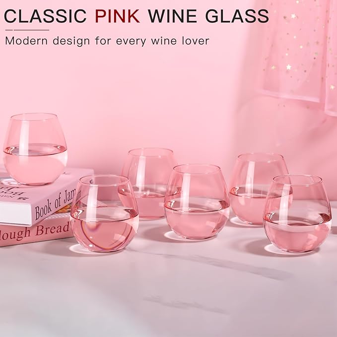 Pink Wine Glasses Set of 6-15oz -Colored Stemless Hand-Blown Wine Glasses, European Design Crystal Glass For Red & White Wine, Unique Gifts for Wedding, Birthday,Valentine's Day