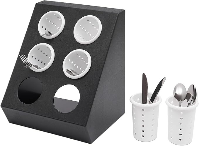 6-Compartment Utensil Holder - Black & White Restaurant Cutlery Organizer with Removable Liners, 22 lbs Capacity, for Kitchen Counter, Bars, Coffee Shops, Restaurants, & Hotels