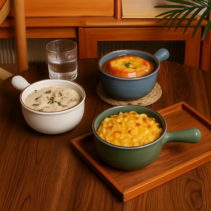 MONITO 28 Oz French Onion Soup Bowls, Ceramic Soup Bowls with Handles, Stackable Soup Crocks, Oven/Microwave/Dishwasher Safe, for Cereal, Soups, Casseroles