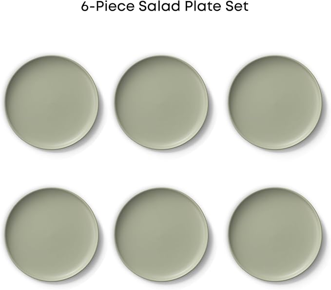 JoyJolt Mesa Stoneware Salad Plates, 8" Round Lunch Plates, Dishwasher and Microwave Safe Plate Set of 6, Modern Rustic Dinnerware, Appetizer Dessert or Dinner Sides Kitchen Dishes - Matte Sage Green