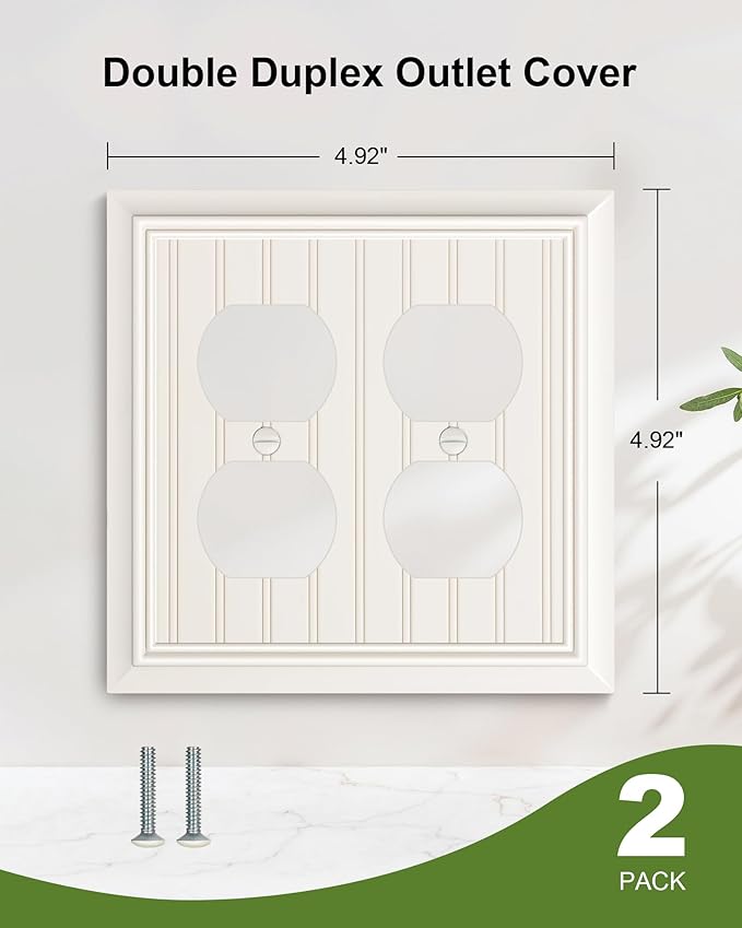 2-Pack Classic Beadboard Double Duplex Outlet Cover, Light Almond Decorative Switch Plates and Outlet Covers for Electrical Outlets, Durable Natural Bamboo Fiber Wall Plates, 2 Gang Receptacle Cover