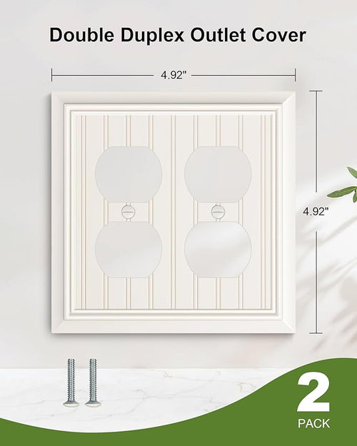 2-Pack Classic Beadboard Double Duplex Outlet Cover, Light Almond Decorative Switch Plates and Outlet Covers for Electrical Outlets, Durable Natural Bamboo Fiber Wall Plates, 2 Gang Receptacle Cover