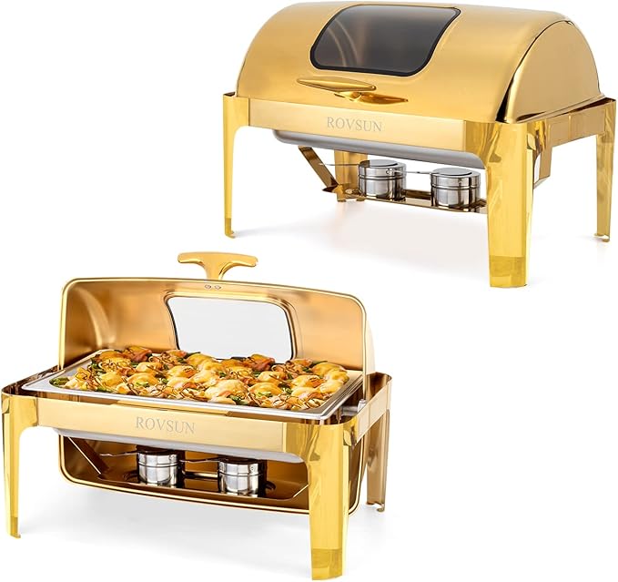 ROVSUN 9QT Chafing Dishes for Buffet 2 Pack, Roll Top Chafing Dish Buffet Set, Stainless Steel Buffet Warmer Chafers and Buffet Warmers Sets with Glass Window for Catering Parties Weddings, Gold