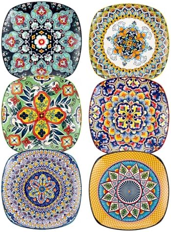 Boho Ceramic Dessert Plates Set of 6, 7.3 Inch Square Appetizer Plates by HENXFENLEAD