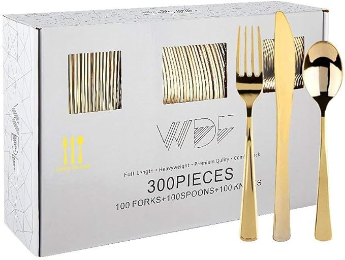 WDF300 Pieces Gold Plastic Silverware - Heavy Duty Disposable Cutlery Set Plastic Gold Silverware Set Includes 100 Forks, 100 Spoons, 100 Knives for Party Valentine’s Day