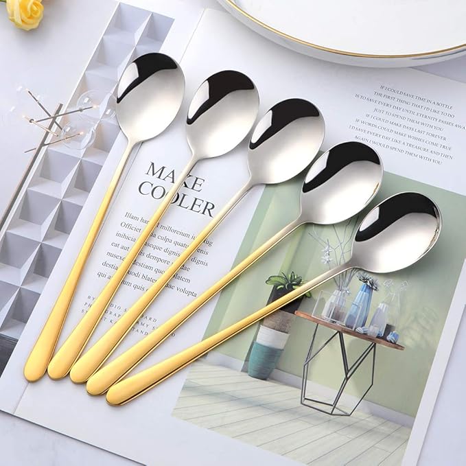 5-pieces Soup Dinner Spoon 8-Inch Gradient Gold Metal Korean Spoon Stainless Steel Table Spoons by Buyer Star