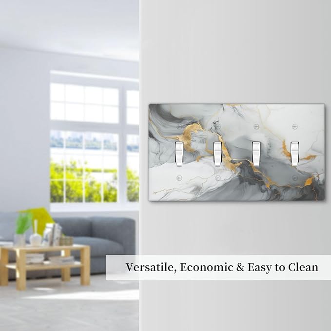 Light Switch Cover Gray/Gold Marble Abstract Modern Luxury 4 Gang Switch Plate Quad Toggle Wall Plates Decorative Switchplate Electrical Outlet Cover for Bathroom Bedroom Decor