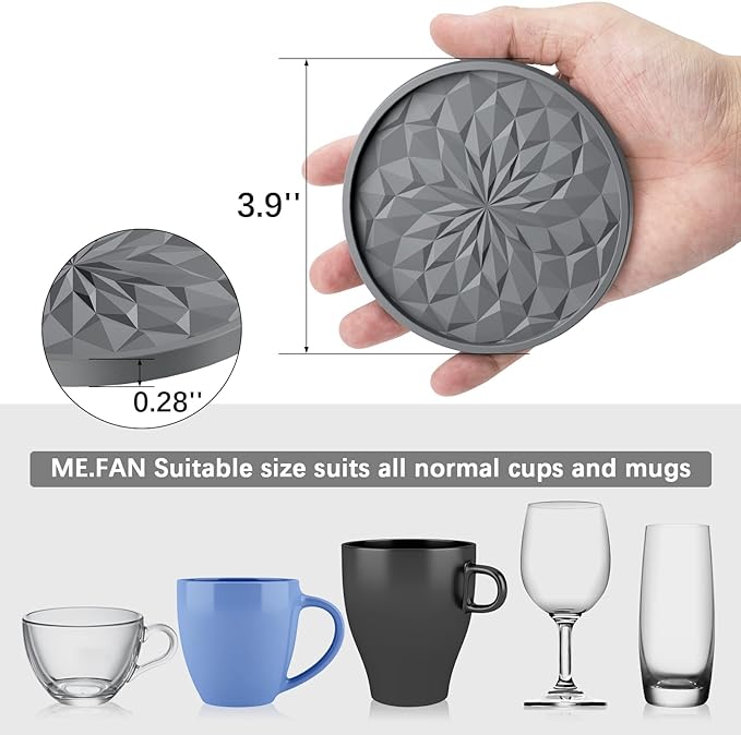 ME.FAN Silicone Coasters with Holder,[6 Pack] Drinking Coasters - Cup Mat for Hot or Cold Drinks, Thickened, Non-Slip, Non-stick,Deep Tray Light Grey