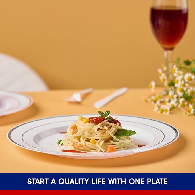 JOLLY CHEF 100 Pieces Silver Plastic Plates, 10 Inch Disposable Plates White Plate with Silver Rim, Heavy Duty Plastic Plates for Christmas, Birthdays and Weddings