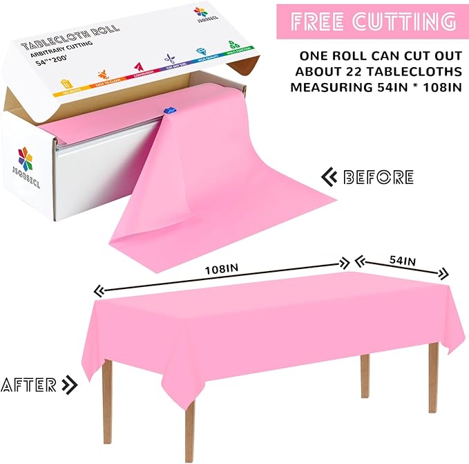 54 Inch X 200 Feet Plastic Table Cover Roll with Convenient Slide Cutter, Disposable Plastic Table Cloth Roll with Cut-to-Size Design for Weddings, Banquets, Parties (Pink)