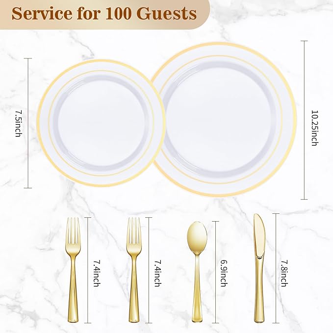 BESTVIP 600PCS Gold Plastic Plate Set (100 Guests), Plastic Plates for Party Wedding Birthday, Disposable Dinnerware Set of 200 Plates, 200 Forks, 100 Spoons, 100 Knives for Christmas