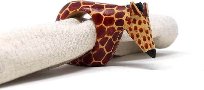 Global Crafts Handcarved Mahogany Wooden Napkin Ring Holders, Giraffe, Set of 6 (KWF012_G)