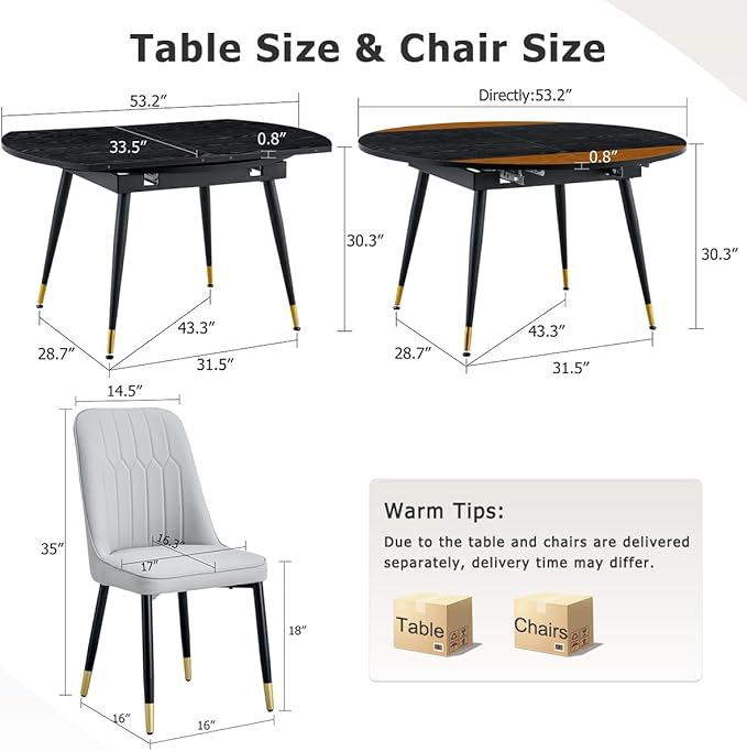 53” Round Dining Table Set for 6｜7 Piece Wood Dining Table Set｜Extendable Dining Room Table with 6 Chairs｜Black Wooden Tabletop with Metal Legs｜Easy Assembly｜Space Saving｜for Kitchen, Living Room
