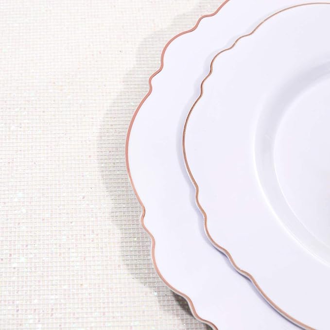 WDF 100pcs Rose Gold Plastic Plates-Baroque White &Rose Gold Disposable Plates including 50Plastic Dinner Plates 10.25inch,50Salad Plates 7.5inch for Wedding & Parties