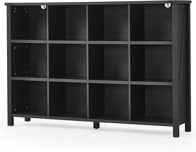 12 Cube Storage Organizer, Farmhouse 62 Inch Wide Black Oak Display Bookshelf, Wooden 3 Tier Large Open Book Shelf, Vintage Bookcase for Home Office, Cubby Cabinet for Living Room, Office