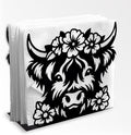 Highland Cow Decorative Black Metal Napkin Holder for Table, 5.3" x 4.8" x 2" Animal Flower Standing Napkin Holder for Home Kitchen Restaurant Picnic Party Coffee Bar Dining Room