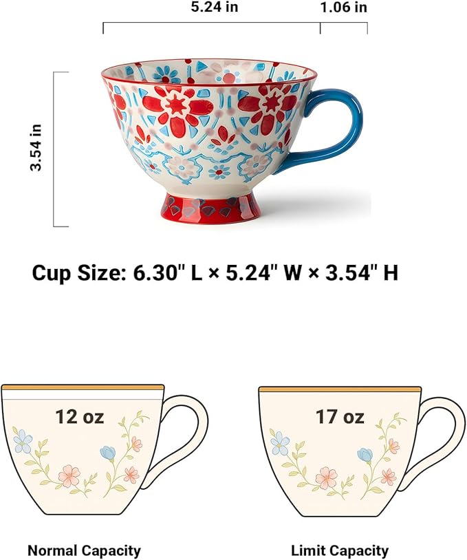 25oz Ceramic Soup Bowl with Handle – Handcrafted Floral Pottery Cereal & Ramen Bowl – Large Microwave & Dishwasher Safe Decorative Bowl for Everyday Use or Gift (Crimson Frost, 17oz)