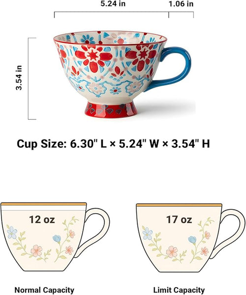 25oz Ceramic Soup Bowl with Handle – Handcrafted Floral Pottery Cereal & Ramen Bowl – Large Microwave & Dishwasher Safe Decorative Bowl for Everyday Use or Gift (Crimson Frost, 17oz)