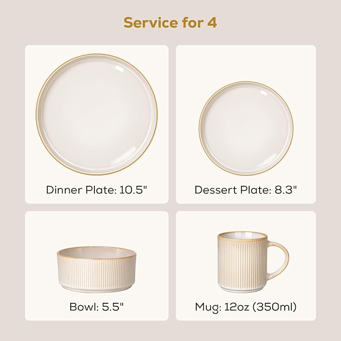 Romswi Stoneware Dinnerware Set for 4, 16Pcs Plates and Bowls Sets with Mugs, Chip & Scratch Resistant Dish Set, Handmade Reactive Glaze Plate Set, Oven,Microwave and Dishwasher Safe, Cappuccino White