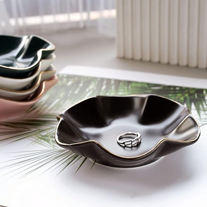 4.7 inch Small Ring Dish, Ceramic Jewelry Holder Tray, Black Catch All Trinket Bowl for Keys Rings Earrings