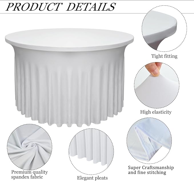 4 Pack - White Round Table Skirt (60" Diameter x 30" H) for 5ft Tables | Polyester Spandex Washable Cover | Wrinkle & Stain Resistant | Wedding, Party, Banquet Decor