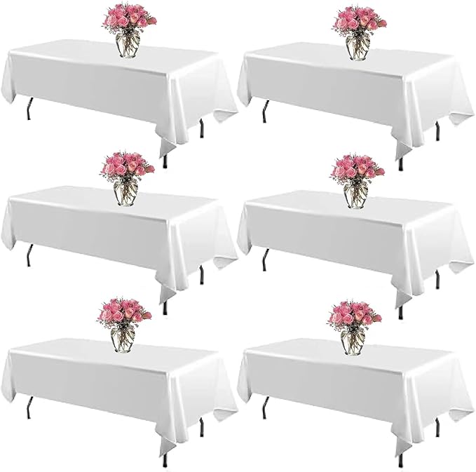 6 Pack White Table Cloth 60 x 102 Inch Polyester tablecloths for 6 Foot Rectangle Tables, Stain and Wrinkle Resistant Washable Fabric White Table Covers for Parties, Wedding, Banquet, Dining