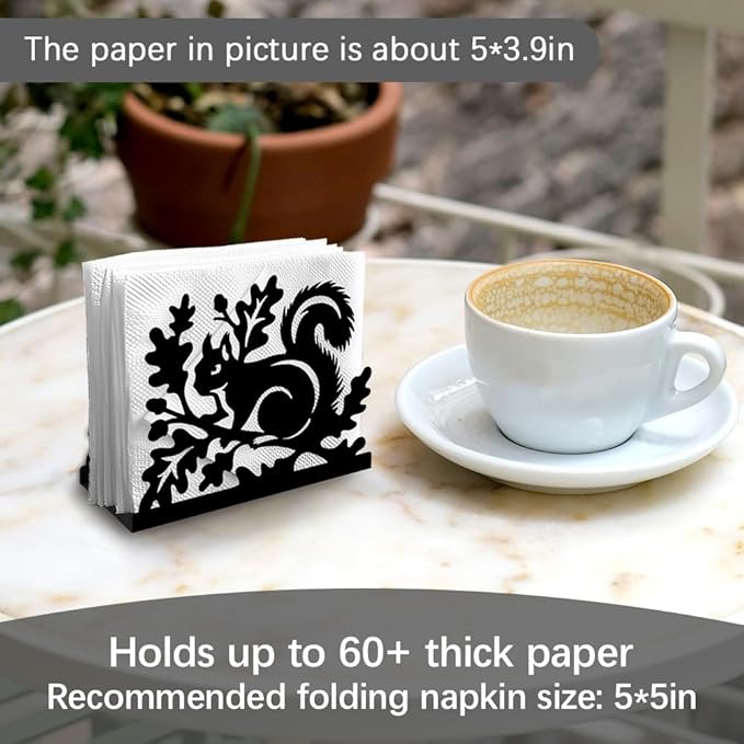 Squirrel Decorative Black Metal Napkin Holder for Table, 5.3" x 4.3" x 1.9" Squirrel Aniaml Standing Napkin Holder for Home Kitchen Restaurant Picnic Party Coffee Bar Dining Room