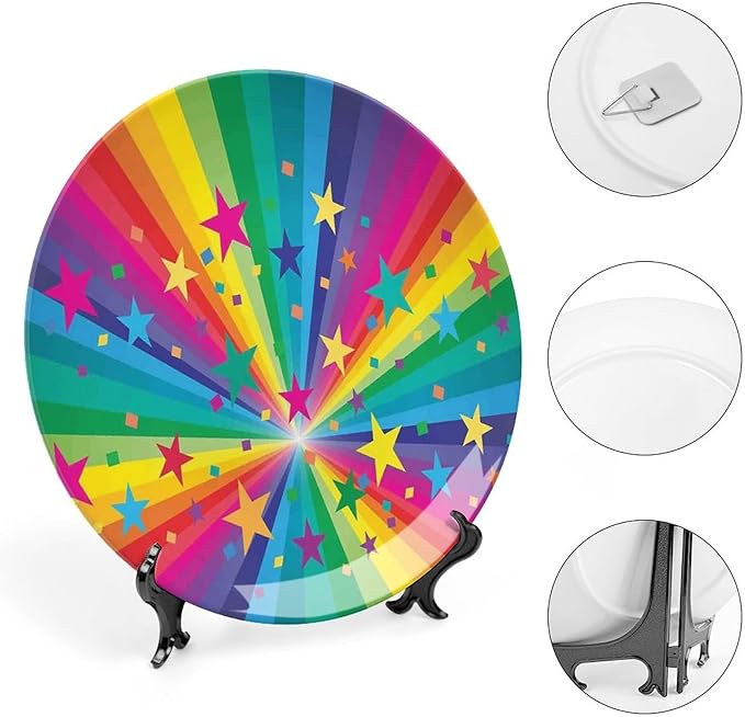 Ceramic Plates, Abstract Decor Decorative Ceramic Plates, Abstract Rainbow and Stars Confetti Rays Striped, 10 Inch, Household Plates Decorative, Multy