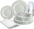 " OCCASIONS " 960pcs set (120 Guests) Extra Heavyweight Vintage Wedding Disposable/Reusable Plastic Plates -120x11'' +120x8.25''+Silverware+Cups+Napkins (Chateau Collection Light Gray)